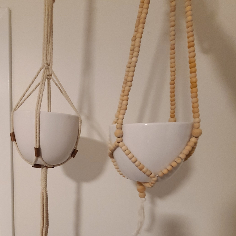 2 White Hanging Planters Beaded Rope